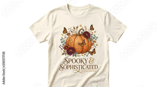 Spooky sophisticated autumn harvest t-shirt design with pumpkin flowers and butterflies.