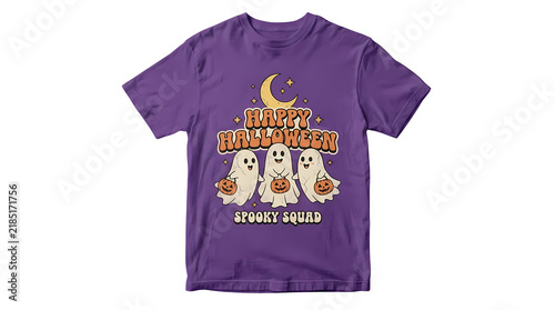 Three happy ghosts holding pumpkins happy halloween spooky squad ghost friends.