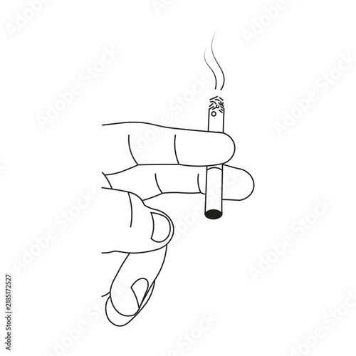 Image of a hand holding a lit cigarette with a puff of smoke, minimalist line art illustration on a plain white background,