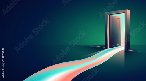 Open door with glowing light path leading to new opportunities. Symbol of new beginning, hope and future. Concept of retirement transition, active aging and independent living. Vector illustration