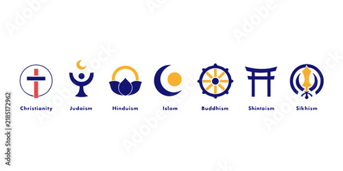 Set vector icons featuring symbols of major world religions including Christianity, Judaism, Hinduism, Islam, Buddhism, Shintoism, and Sikhism. Clean design on white background. on white background