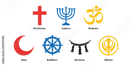 Set vector icons featuring symbols of major world religions including Christianity, Judaism, Hinduism, Islam, Buddhism, Shintoism, and Sikhism. Clean design on white background. on white background