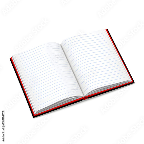 Open Notebook with Lined Pages and Red Cover Isolated on White