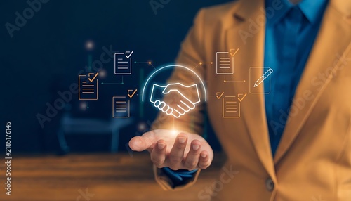 Businessman manage digital procurement process with business contract, invoice, approval documents, representing B2B sourcing, vendor management, supply chain