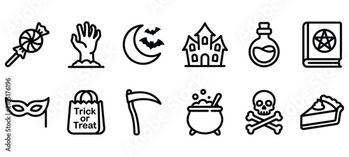 A collection of hand drawn doodle icons representing various spooky symbols and traditional elements for a fun halloween celebration