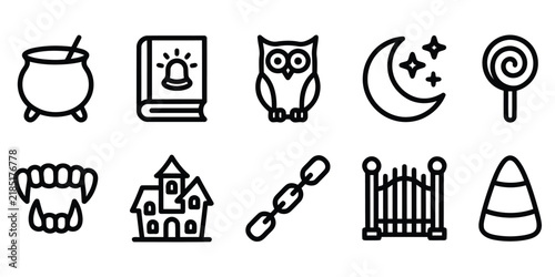 Set of black and white outline icons representing various traditional halloween symbols and spooky holiday season festive elements