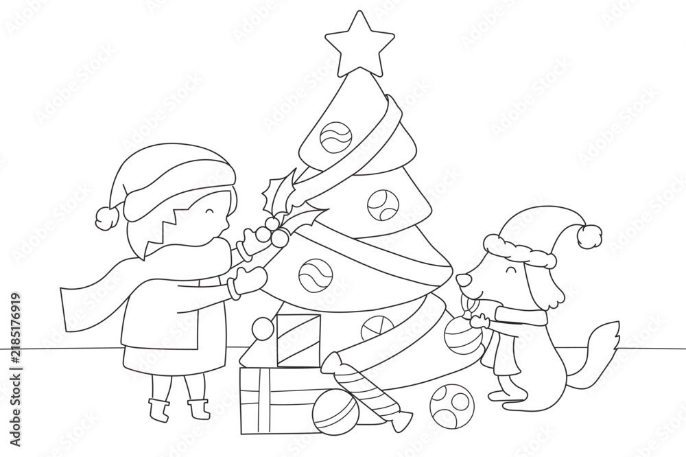 Fototapeta premium Little kid with a dog decorating a Christmas tree vector