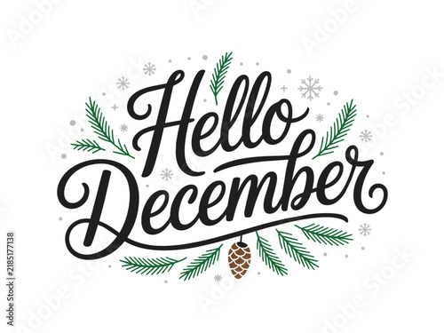 Hello December festive lettering with pine branches