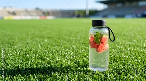 Clear Water Bottle with Watermelon Pieces on Green Grass Field