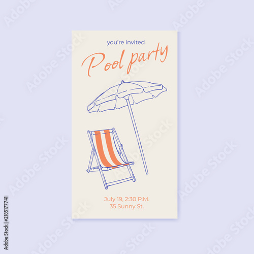 Vintage beach invitation design with blue ink line umbrella and chair. Pool party summer vacation card for social media and italian theme with minimal background template for print event invitation.