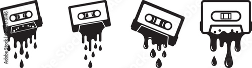 Melting vintage audio cassette tape vector silhouette set