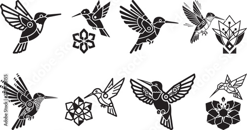 Robotic hummingbird and geometric flower vector set