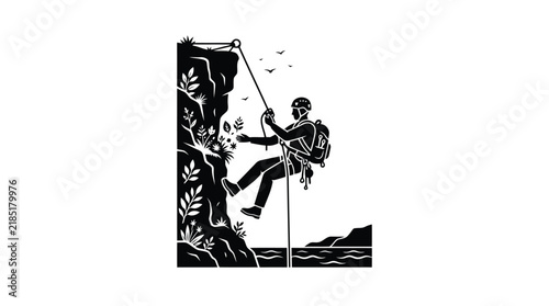Alpinist rock climber descending steep cliff face with rope vector graphic