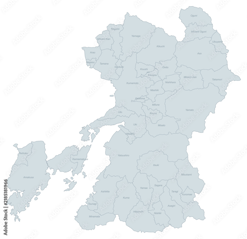 Fototapeta premium Administrative Map of Kumamoto Prefecture, Japan - Detailed Political Boundaries