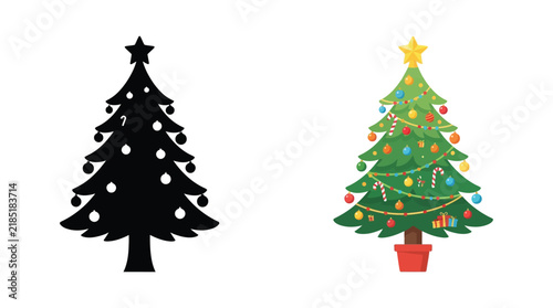 Christmas tree silhouette alongside a decorated evergreen vector illustration