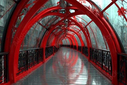 Steel Bridge With Vibrant Red Arches Connecting Urban Spaces in a Serene Setting Generative AI