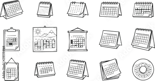 Hand drawn collection of black and white office calendars illustrated as a vector on transparent background