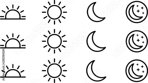 Minimalist weather icon set displaying sun and moon cycles as a vector graphic on transparent background