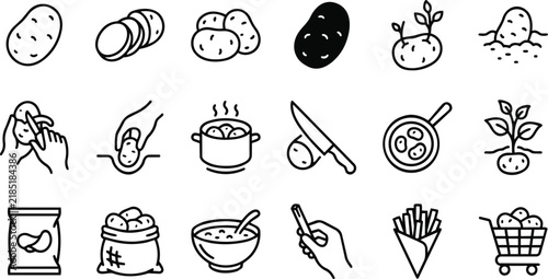 Collection of various potato related icons and vector food illustrations presented neatly on transparent background