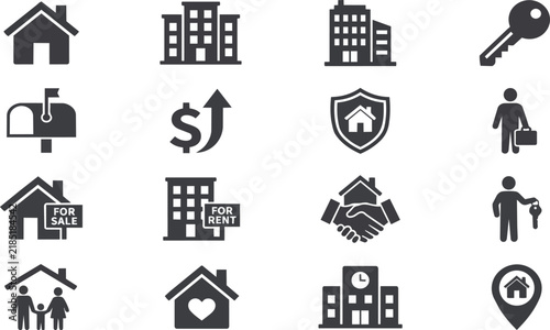 Real estate icon collection depicting residential and commercial property symbols presented in black on transparent background