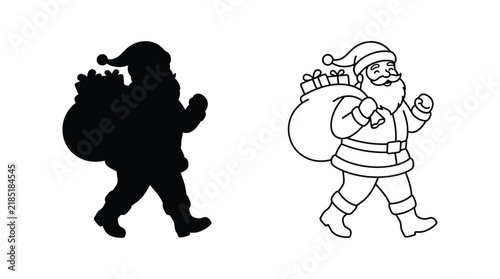 Santa claus with gift bag shown as a black silhouette