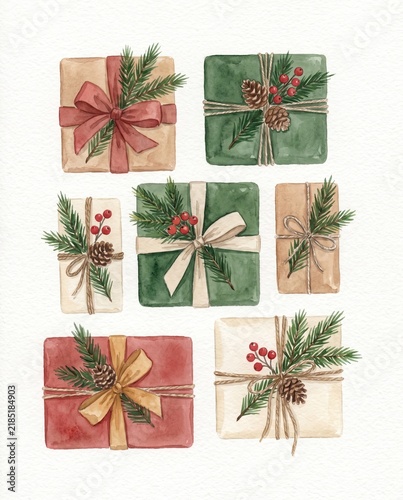 Watercolor illustration of set of wrapped Christmas presents with ribbons, evergreen branches, pinecones and red berries. Winter holiday greeting card design element