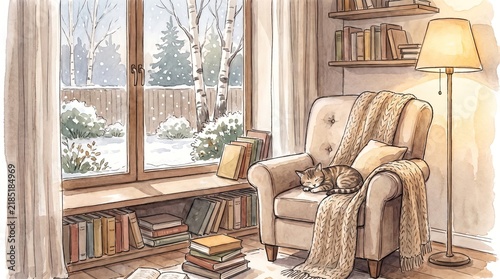 Watercolor illustration of cozy reading corner beside snowy window with armchair, knitted blanket, sleeping cat, books and warm floor lamp. Hygge winter interior scene for greeting card.