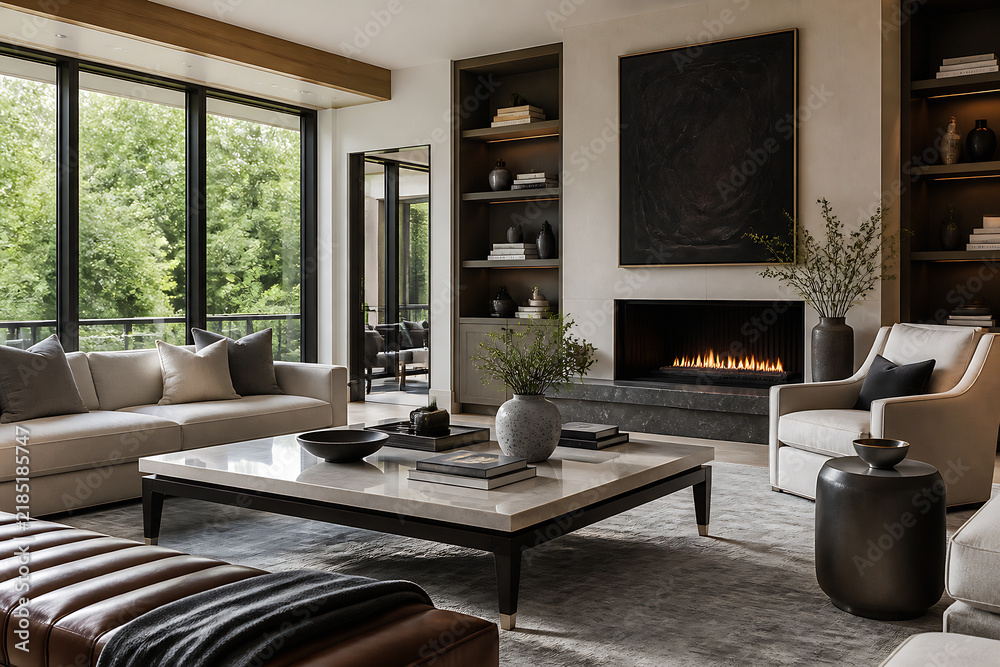 Fototapeta premium A modern, luxurious living room with a large sectional sofa, fireplace, and contemporary decor.