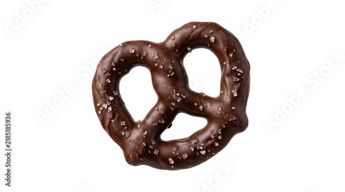 Obraz na plátně Dark chocolate covered pretzel with sea salt crystals as crunchy snack isolated on transparent background