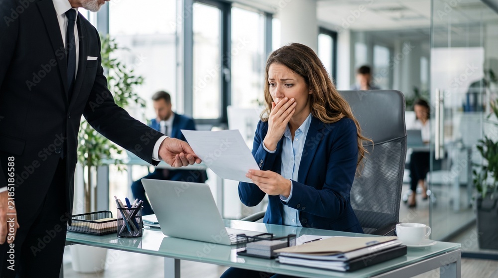 Fototapeta premium Commercial corporate stock photo of a shocked businesswoman sitting at her office desk covering her mouth as an executive hands her a dismissal letter or unexpected document.