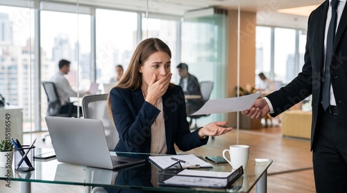 Commercial corporate stock photo of a shocked businesswoman sitting at her office desk covering her mouth as an executive hands her a dismissal letter or unexpected document.