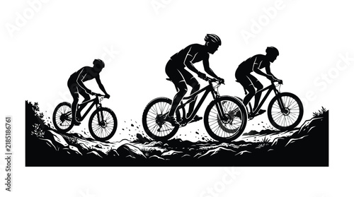 Group of mountain bikers riding downhill on rough trail vector