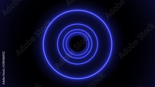 Neon blue concentric circles tunnel motion background, pulsing light rings abstract animation, futuristic cyberpunk digital effect.