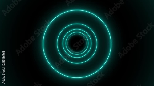 Neon cyan concentric circles tunnel motion background, pulsing glowing rings abstract animation, futuristic digital light effect for tech presentations and sci-fi visuals.