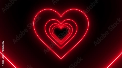 Red neon heart tunnel motion background, glowing romantic love symbol loop, abstract valentine’s day visual effect.