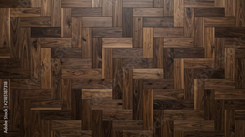 Dark walnut herringbone wood flooring texture, rich brown parquet pattern