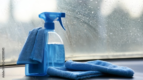 Compact Windshield Cleaning Kit with Blue Spray Bottle and Microfiber Cloths for Car Care