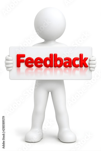 3D Figure Holding Red Feedback Sign on White Background