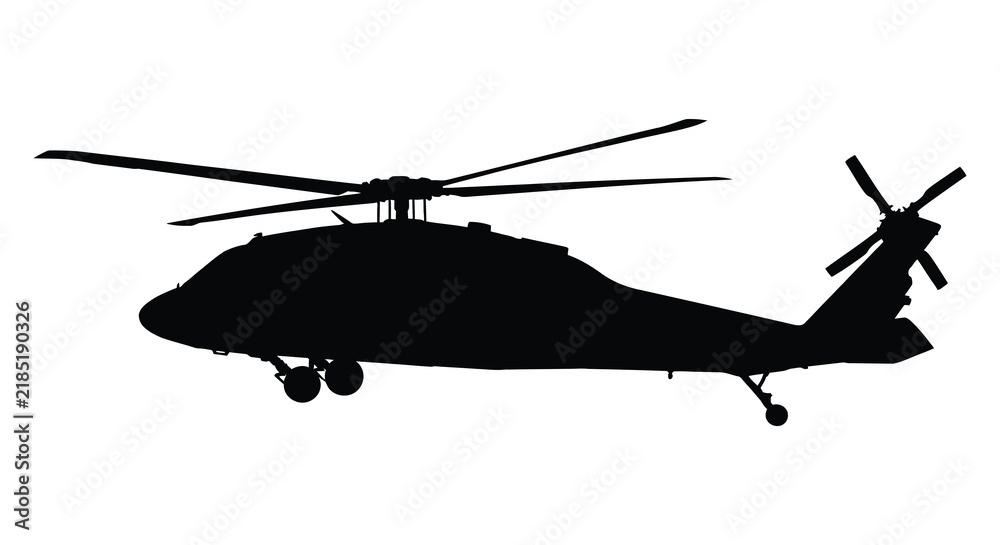 Fototapeta premium Military helicopter side view black silhouette against a white background silhouette