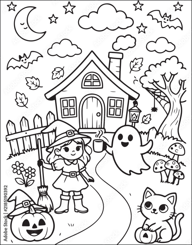 Fototapeta premium Halloween House Coloring Page with Spooky Elements Featuring Ghost, Pumpkin