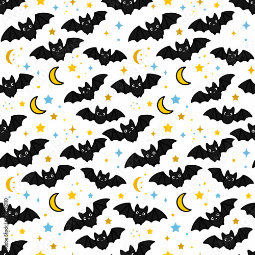 Cute Bat Seamless Pattern with Moons and Stars for Halloween Background, Kawaii Flying Bats in Night Sky Illustration for Textile and Wrapping Paper