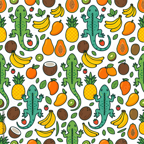 Tropical Lizard and Exotic Fruit Seamless Pattern with Banana Pineapple and Mango for Summer Textile Design