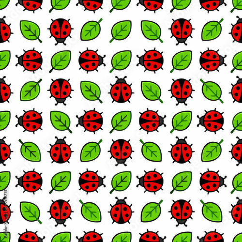Ladybug and Green Leaf Seamless Pattern, Red Spotted Beetle and Foliage Illustration for Textile Design and Nature Backgrounds