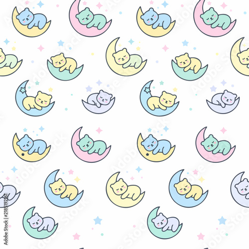 Cute Baby Bear Sleeping on Moon Seamless Pattern with Pastel Stars for Nursery Decor and Fabric Design