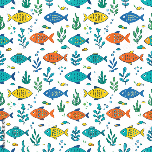 Fish seamless pattern with colorful cartoon sea creatures and aquatic plants on white background for nursery wallpaper and textile design