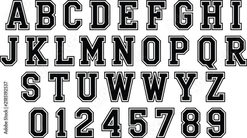 Fotografie Varsity font, vector alphabet, bold collegiate lettering for sports typography, team logos, school emblems, athletic apparel prints and retro graphic designs