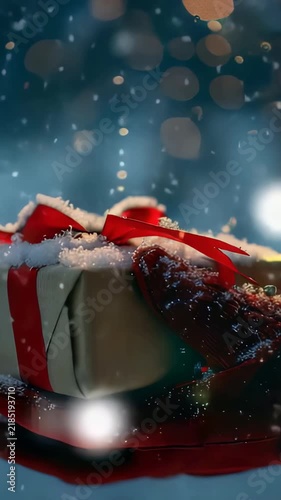 Amidst a snowy backdrop, a gloved hand holds a gift tied with a festive red ribbon, evoking holiday spirit. The scene is bathed in a soft, ethereal light, under falling snow.