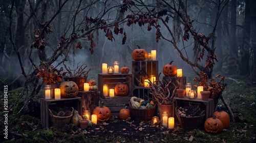 Carved pumpkins and glowing candles arranged on wooden crates in a dark misty autumn forest with autumn woodland setting crates amidst foggy