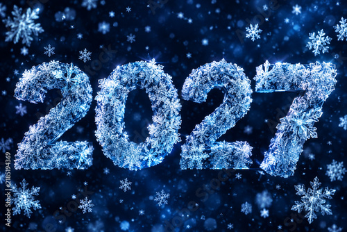 3D text 2027 set against a dark blue background with floating snowflakes