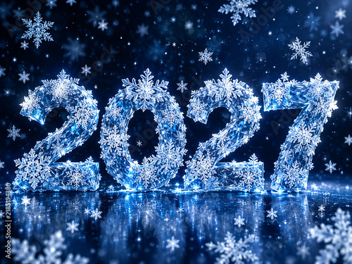 3D text 2027 set against a dark blue background with floating snowflakes